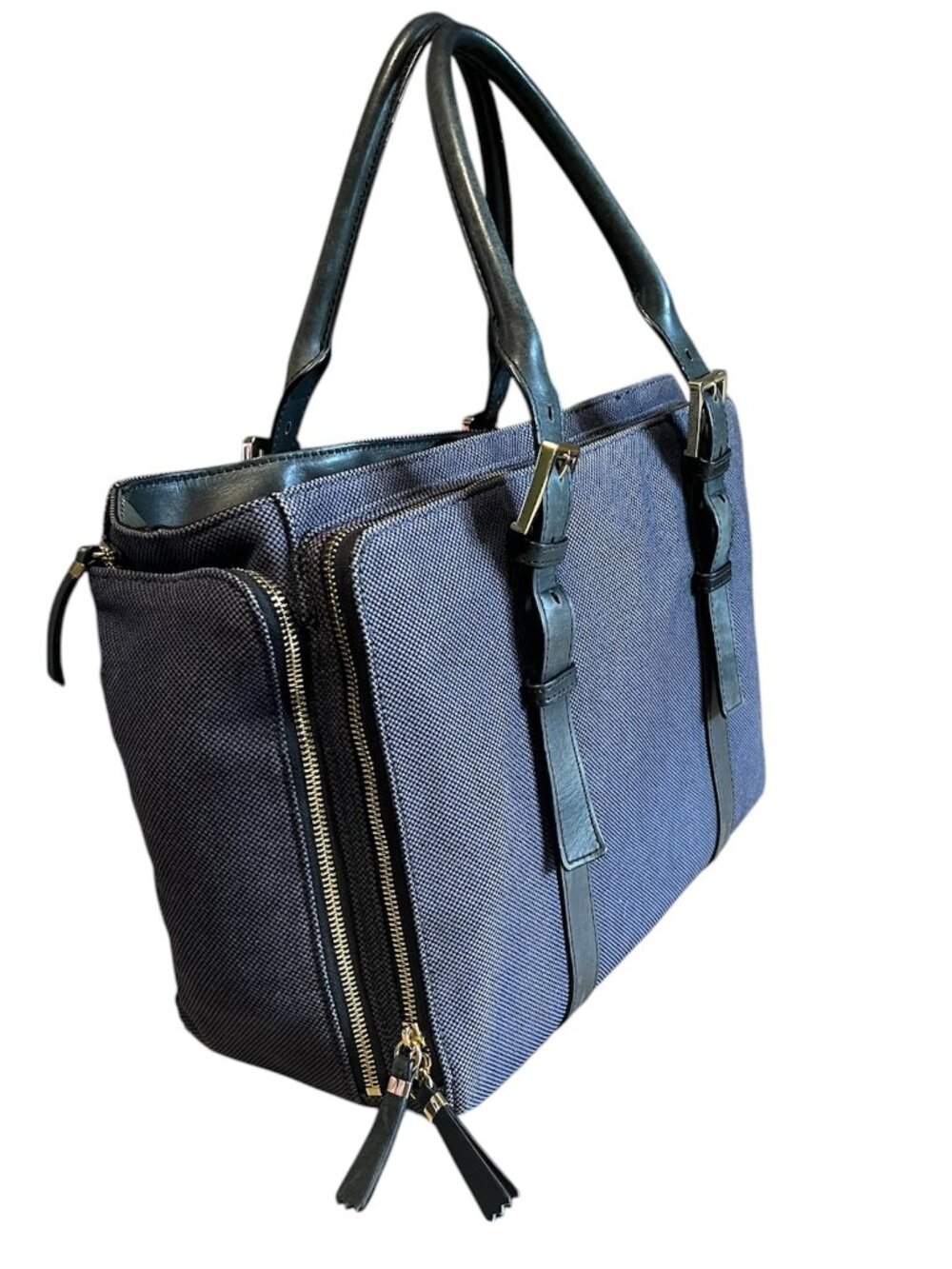 India Hicks Navy Canvas Beetle Print Tote Bag Leather Trim Laptop Work Travel